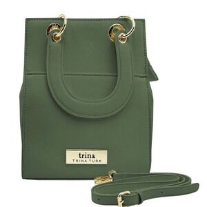 Trina Turk Pesto Tote Bag Olive Green Saffiano Leather Gold Hardware NWT
